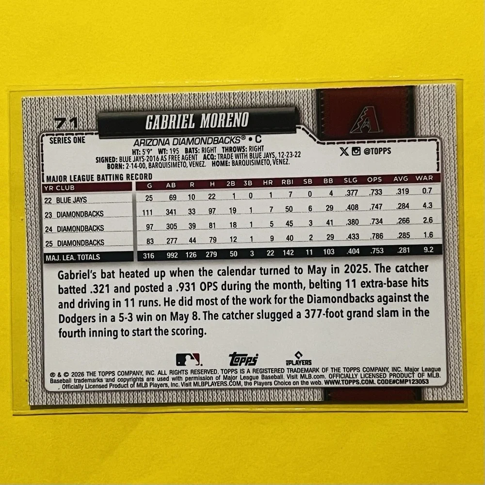 2026‎ Topps Series 1 Gabriel Moreno #74 AZ Spring Training Parallel Arizona